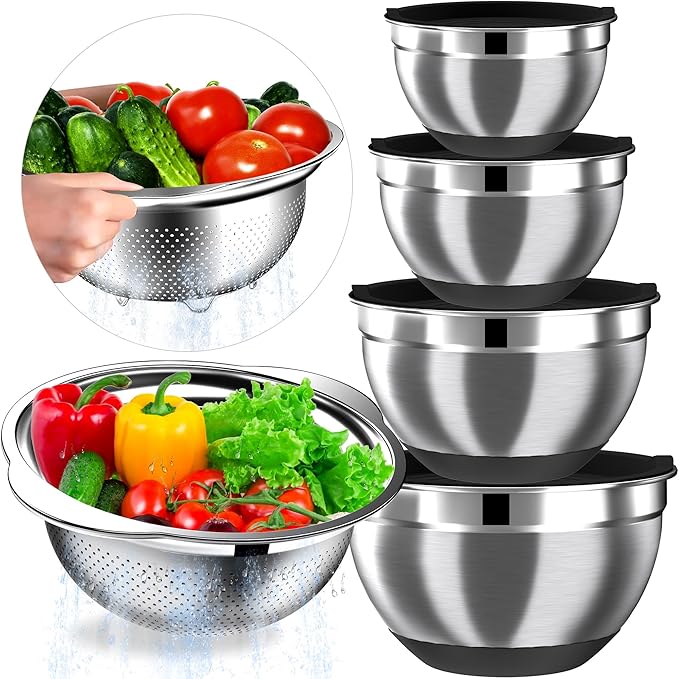 Mixing Bowls with Airtight Lids Set, 4 Stainless Steel Bowls Nesting Bowls & Colander, Kitchen Organizers and Storage Non-Slip Bottom, Size 1.5/2.0/2.5/4.0QT, Great for Mixing & Serving, Black