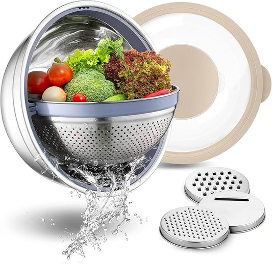 P&P CHEF 4-In-1 Stainless Steel Colander with Bowl Set, Rotatable Strainers for Kitchen, Fruit Cleaner, Washing Fruit & Draining Pasta, Mixing Bowl and Lid with Grater for Salad, Khaki