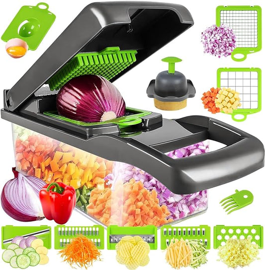 Vegetable Chopper Mandoline Slicer,Veggie Chopper, Multifunctional 13 in 1 Food Choppers, Kitchen Vegetable Slicer Dicer Cutter,Onion Mincer,Colander Basket,Kitchen Gadgets (Gray/Green)