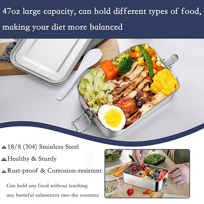 18/8 Stainless Steel Bento Box with Removable Dividers, 47oz (1400ML) Metal Lunch Food Container with Lids and Locking Clips, Food Storage Containers for Office Meals, School, Leak-Proof