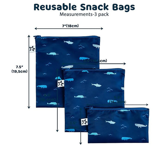 Tiny Twinkle 3 Pack Reusable Snack Bags - Machine Washable, PFAS, PVC, BPA, Phthalate-Free Reusable Baby and Toddler Food Safe Snack Bags (Ocean)