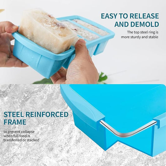 Silicone Freezer Tray with Lid 2 Pack Silicone Freezer Molds - Large Ice Cube Tray - Makes 8 Perfect 1 Cup Portions Soup Cubes Meal Prep Containers- Oven & Dishwasher Safe