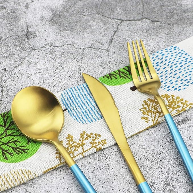 20-Piece 18/10 Stainless Steel Flatware Silverware, Luxury Dinnerware Set Travel Cutlery Tableware Include Knife Fork Spoon Service for 4, Dishwasher Safe (Blue Handle Matte Gold)