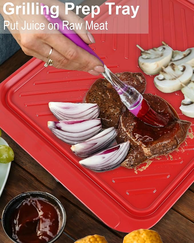 Large Grilling Prep and Serve Trays, 17" x 10.5" x 1.2" BBQ Platters for Raw and Cooked Food, Melamine Serving Trays for Food, Set of 2, Black and Red, Cleaning Pack Included