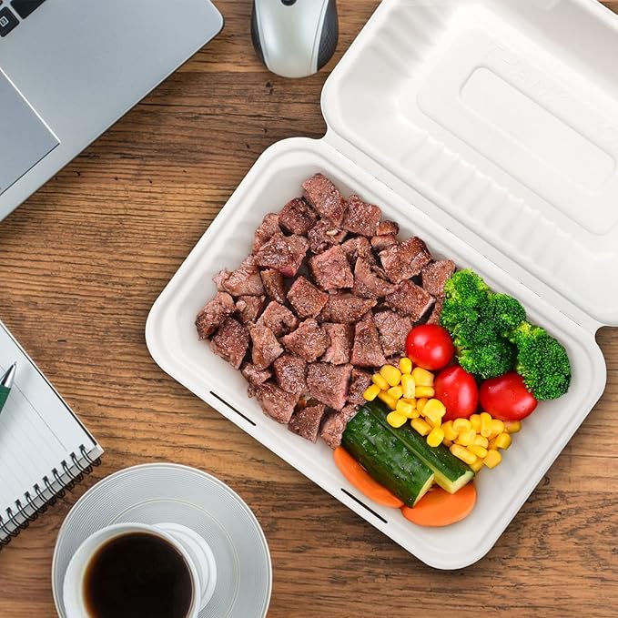 greensight Clamshell Take Out Food Container 75 Pack, 9 x 6 Compostable To Go Containers, Disposable To Go Boxes Heavy Duty, Biodegradable Eco Friendly Containers With White Bagasse