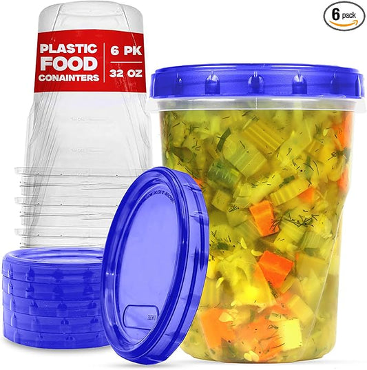 Plastic Food Deli Soup Containers With Twist Top Lids - (32 Oz) - [6 Pack] - Soup & Food Storage Containers Takeout To Go - Airtight Plastic Containers - Microwave, Freezer & Dishwasher Safe BPA-Free