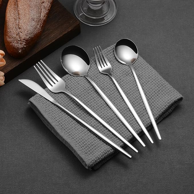 Mirror Modern Flatware Set for 4, LaienLife 20 Pieces Long Kitchen Utensils Cutlery with Coffee Spoons and Fruit Forks, Silverware Set Great for Home and Restaurant, Dishwasher Safe - Silver