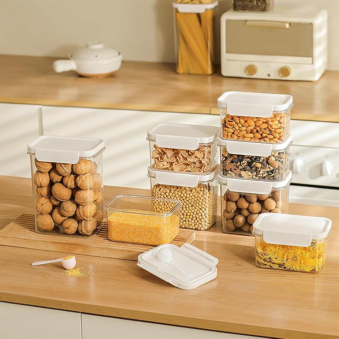 Storage Cereal Organizers Containers Sets , Food Grade BPA free PET Material Reusable，Airtight food storage containers with lids， kitchen organizers and storage Total(2 pcs 2300ml 2 pcs 1800ml)