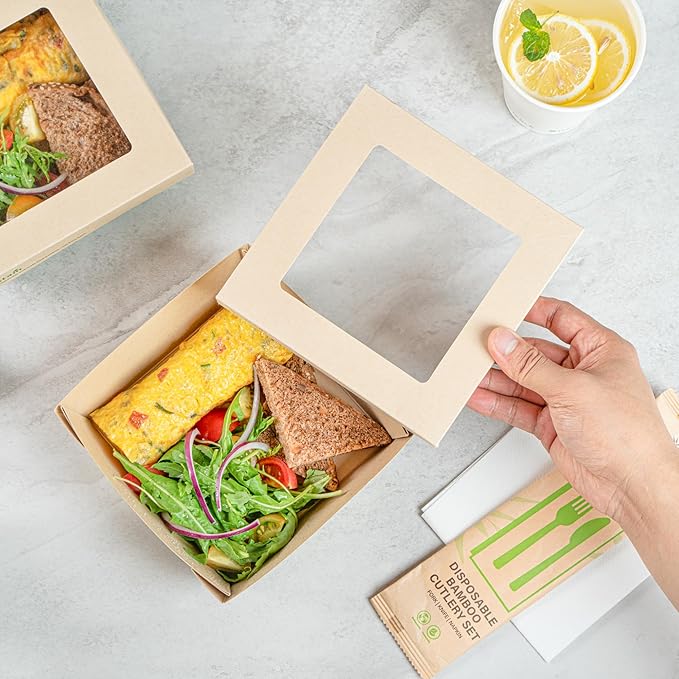 Restaurantware-34 Ounce Sturdy Paper Take Out Boxes, 200 Disposable Take Out Food Containers - With PLA lining, Paper Lid With Clear PLA Window, Bamboo Paper Containers, Compostable, Greaseproof