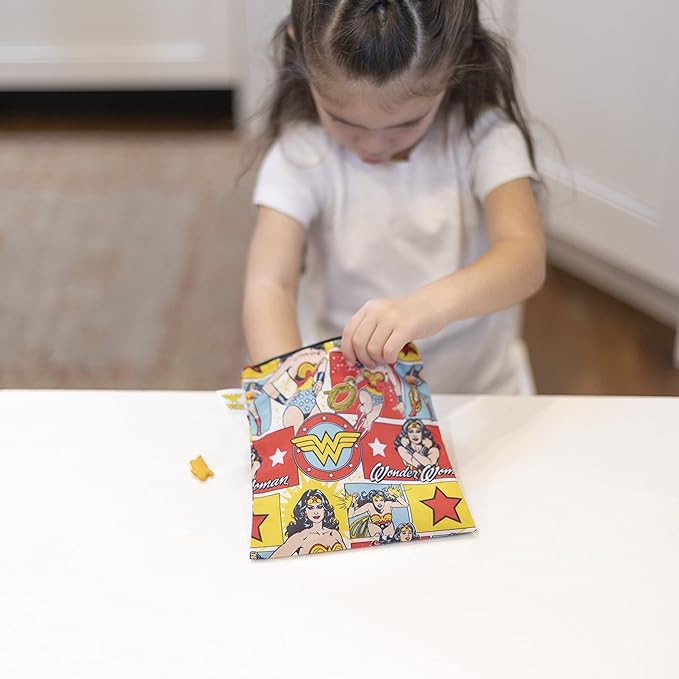 Bumkins Reusable Sandwich and Snack Bags, for Kids School Lunch and for Adults Portion, Washable Fabric, Waterproof Cloth Zip Bag, Travel Pouch, Food-Safe Storage, Large, DC Comics Wonder Woman