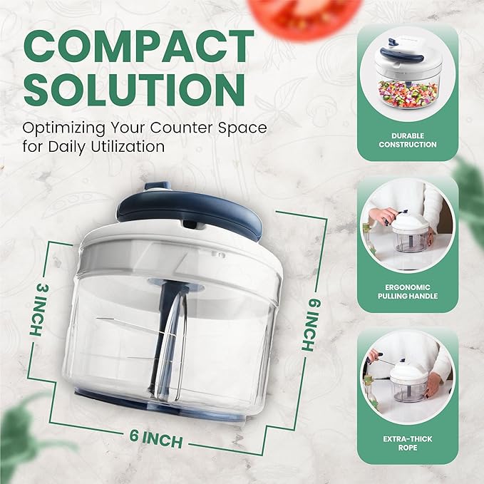 Manual Food Processor - 5 Cup (1.2L) Capacity Hand Pull String Garlic Chopper, Manual Food Chopper with Pull Functionality, Pull Chopper and Vegetable Cutter for Effortless Cooking