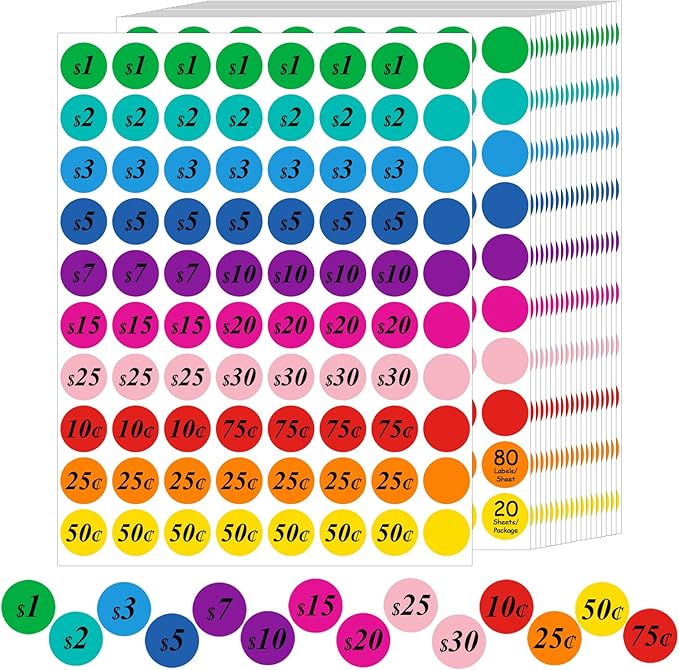 1600 PCS Round Garage Sale Stickers,3/4 Inch Pricemarker Labels, 10 Colours Price Tags,Garage Sale Price Stickers, Price Stickers for Yard Sales, Flea Markets, County Fairs & Retail Use