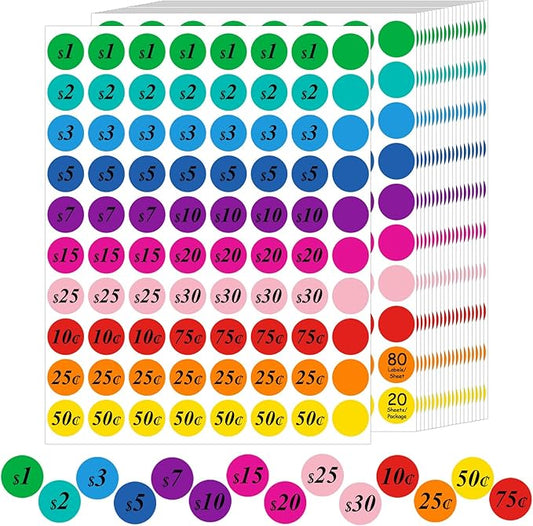 1600 PCS Round Garage Sale Stickers,3/4 Inch Pricemarker Labels, 10 Colours Price Tags,Garage Sale Price Stickers, Price Stickers for Yard Sales, Flea Markets, County Fairs & Retail Use