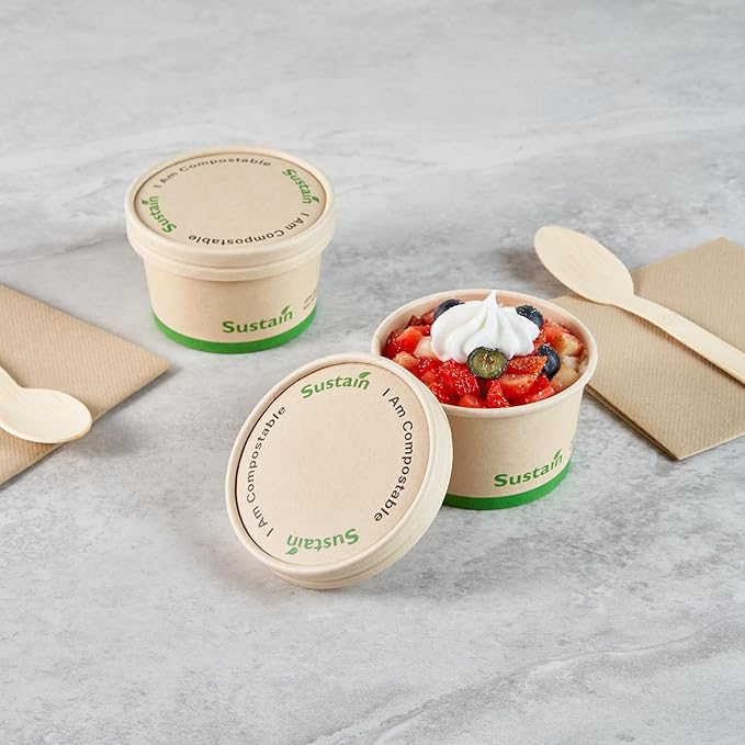 LIDS ONLY: Sustain Round Paper Soup Container Lids, 200 Disposable Ice Cream Cup Lids - Cups Sold Separately, For 5 Ounce Cups, Bamboo To Go Cup Lids, With PLA lining, Compostable - Restaurantware