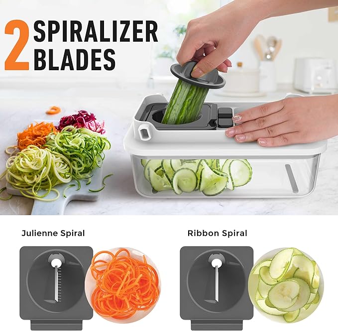 Mueller Pro-Series V Blade Vegetable Chopper, Onion Chopper, Egg Slicer, Spiralizer, Dicer, Food Chopper Veggie Fruit Cutter, French Fry Cutter, Kitchen Gadgets 2024 w Food Container White Sand/Grey