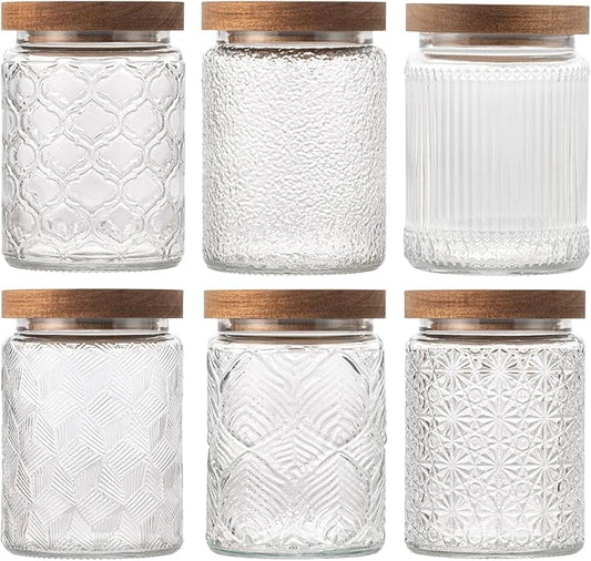 Glass Storage Jars 6 Pack 700ml(24oz) Multipurpose Vintage Storage Bottle with Wooden Lid Seal for Coffee, Nuts, Candies, Cereal, Cookies, Spices, Flour, and More. (6 Pack-700ml-Style B)