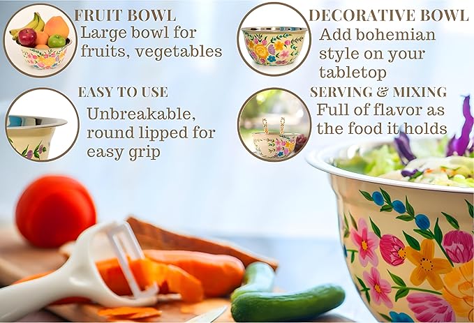 Large Hand Painted Stainless Steel Fruit Bowl - Decorative Floral for Salad Mixing and Serving - Traditional Kashmiri Art for Home Decor (Cream)