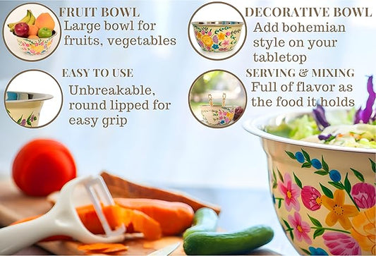 Large Hand Painted Stainless Steel Fruit Bowl - Decorative Floral for Salad Mixing and Serving - Traditional Kashmiri Art for Home Decor (Cream)