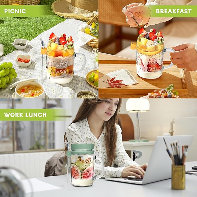 ANOTION Overnight Oats Containers with Lids and Spoons - 16 oz Mason Jars with Handle Set of 6 - Airtight Glass Meal Prep Containers for Oats Overnight, Yogurt Oatmeal Cereal Pudding Cups with Lids