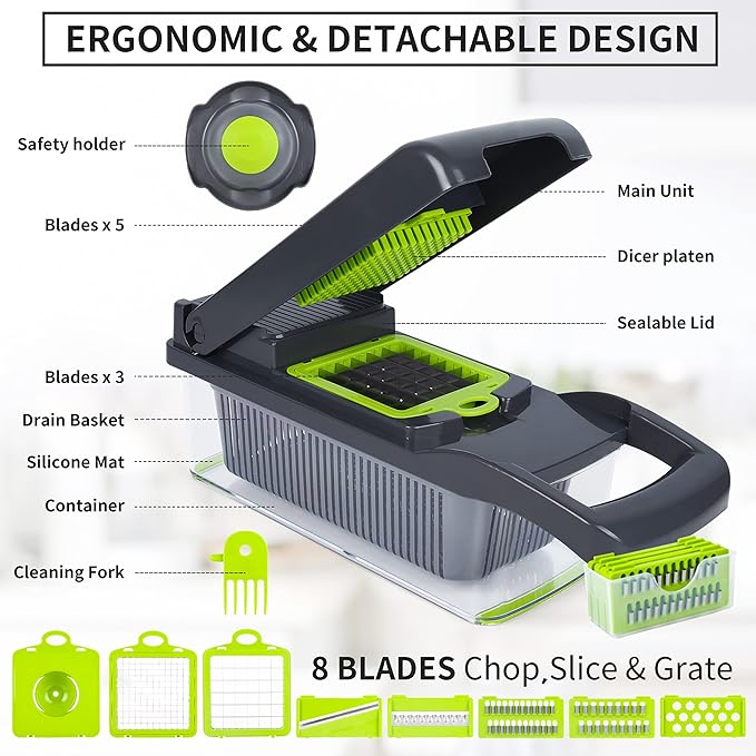 Vegetable Chopper Mandoline Slicer,Veggie Chopper, Multifunctional 10 in 1 Food Choppers, Kitchen Vegetable Slicer Dicer Cutter,Onion Mincer,Cheese Grater,Colander Basket,Kitchen Gadgets (Gray/Green)