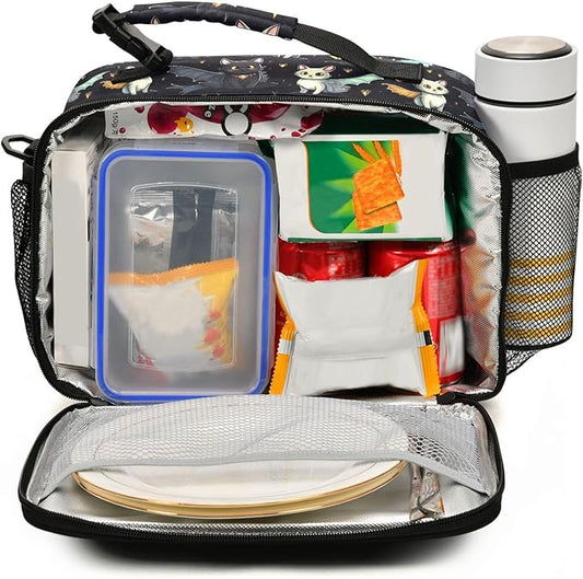 MNSRUU Student Lunch Bag Gothic Skull Cat Bat Insulated DinnerTotes Picnic Bag Lunch Box with Adjustable Shoulder Strap for Teen Kids Adults