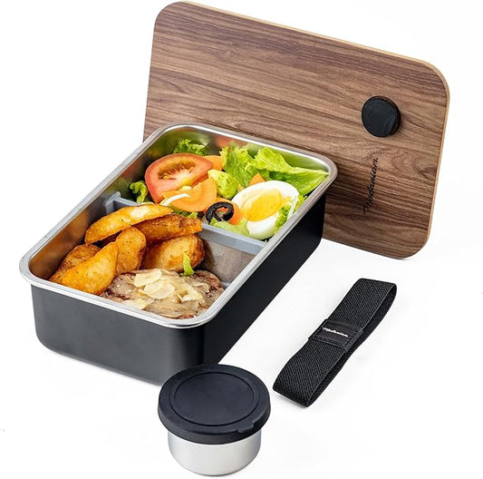 Leak Resistant Stainless Steel Bento Box For Adults|Stainless Steel Lunch Box for Adults |44Oz| BentoBox/Lunchbox| Lunch Container | Microwave Safe (Bottom container) |Bamboo Lid- Black