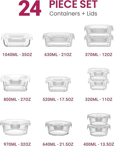 FineDine 24 Piece Glass Storage Containers with Lids - Leak Proof, Dishwasher Safe Glass Food Storage Containers for Meal Prep or Leftovers, White