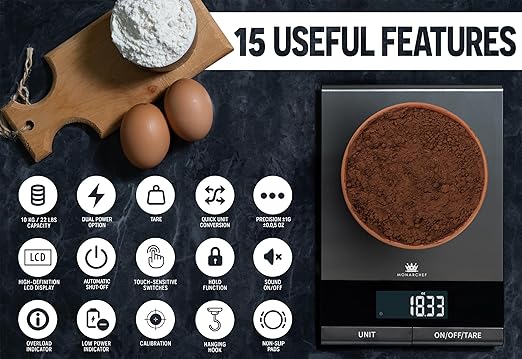 Digital Food Scale for Kitchen, Baking, Cooking, and Meal Prep, 10 Unit Measurements, 22 lb Weight Capacity, Stainless Steel Top, Dual Power Option, 15 Features
