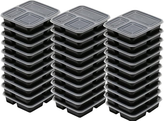 30 Value Pack - SimpleHouseware 3 Compartment Reusable Meal Prep Food Storage Container Lunch Boxes, Stackable and Dishwasher, Microwave, Freezer Safe (36 ounces)