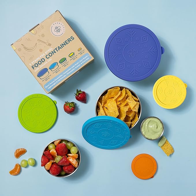Everusely - Stainless Steel Containers with Lids - Set of 5, Summer Collection - Leakproof Stainless Steel Food Containers - Nesting Snack Holders - Metal Lunch Box - Portable & Reusable Meal Kit