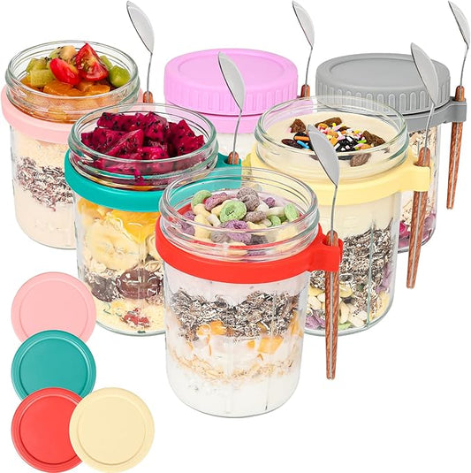 6 Pack Overnight Oats Containers with Lids and Spoons-18 Oz Overnight Oats Jars Mason Jars for Chia Pudding Cereal Fruit Vegetable Milk Salad Yogurt Meal Prep