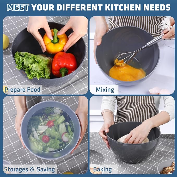 LUXEAR Mixing Bowls with Lids Set, 12 Pieces Plastic Nesting Bowls Includes 5 Prep Bowls, 5 Lids, 2 Cooking Spoons(Can Convert into Tongs), Microwave Dishwasher Safe for Mixing Serving Baking Storing