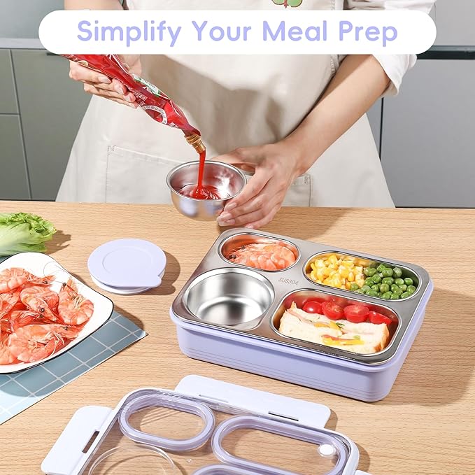 36-oz Lunch Box Containers Stainless Steel Bento Box for Adults with 4-Compartment Snack Tray, Soup Bowl with Lid & Metal Spoon, Dishwasher Safe, Easy to Carry, Purple