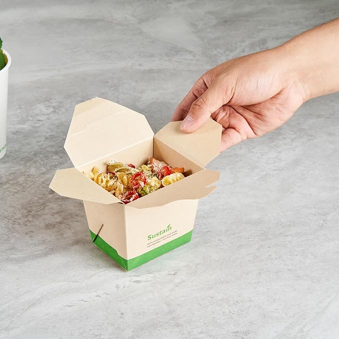 Restaurantware Sustain 16 Ounce Sturdy Paper Take Out Boxes, 50 Disposable Take Out Food Containers - With PLA lining, Compostable, Bamboo Paper Containers, Built-In Tab-Lock Cover, Greaseproof