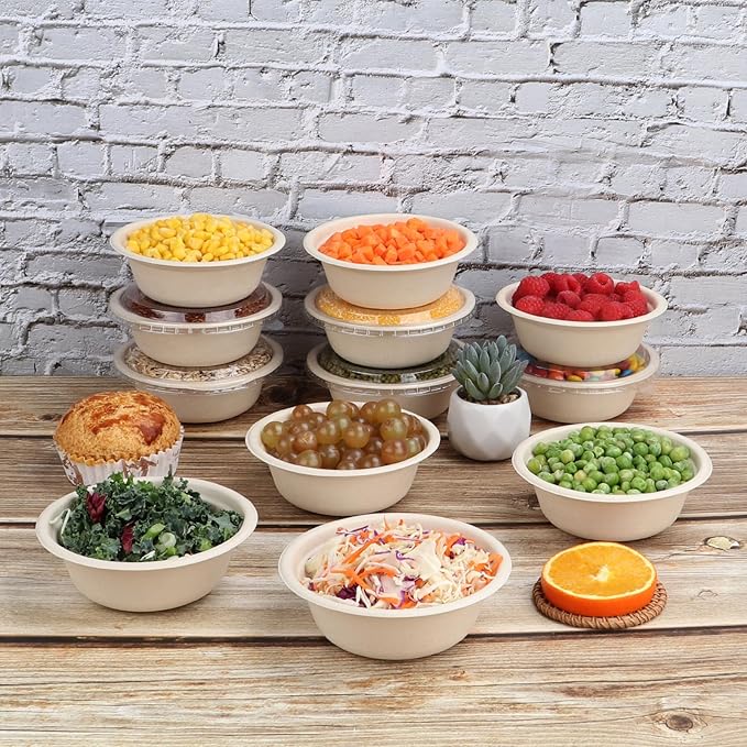 12 oz Round Disposable salad bowls with lids, Sugarcane Fiber Paper Bowls take away food containers Plant Fibers Freezer Safe 50 Pack
