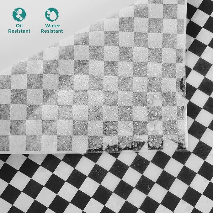 GeeRic Waxed Deli Paper Sheets 12 * 12 Inch, 200 Pcs Food Basket Liners for Sandwiches, Burgers, Checkered Deli Wrap Wax Paper Sheets Black