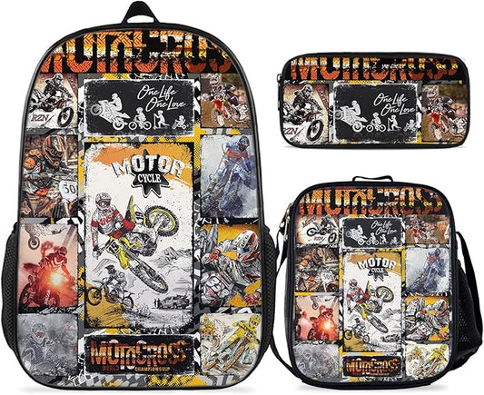 Motorcycle Backpacks - Dirt Bike Backpack Bundle 3 Pieces for Teens, Boys and Girls Motocross For Kids Includes Bookbags Insulated Lunch Bag and Pencil Case Perfect for School and Everyday Use
