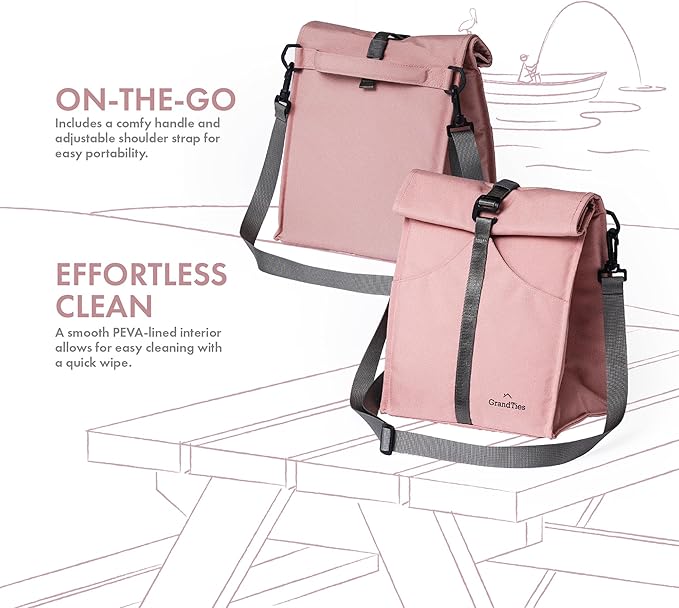 GRANDTIES Insulated Lunch Bag for Women, Men, Adults - Rolltop Leak Proof Meal Prep Lunch Box Containers, Reusable Snack Bags, Travel Cooler, Small Soft Cooler Bag, Fold Top Sandwich Bags, Pink