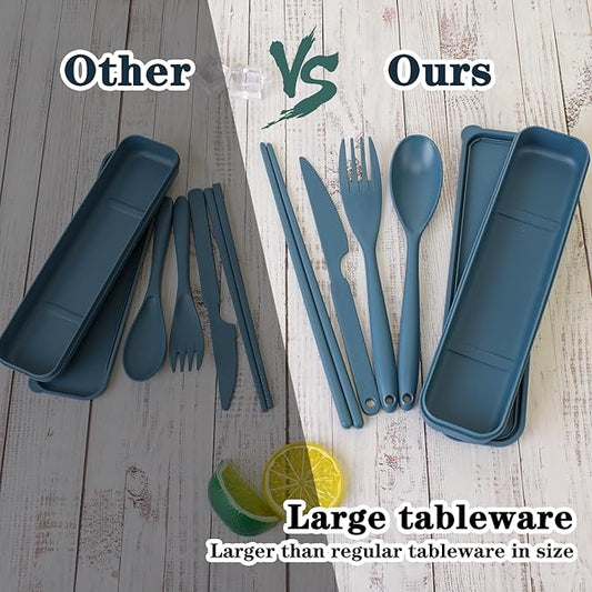Large Reusable Utensils Set with Case, 4 Sets Large Plastic Travel Cutlery Set with Chopsticks, Portable Fork Spoons Knife Set Lunch Box Utensil Set for Adults Camping Picnic Use