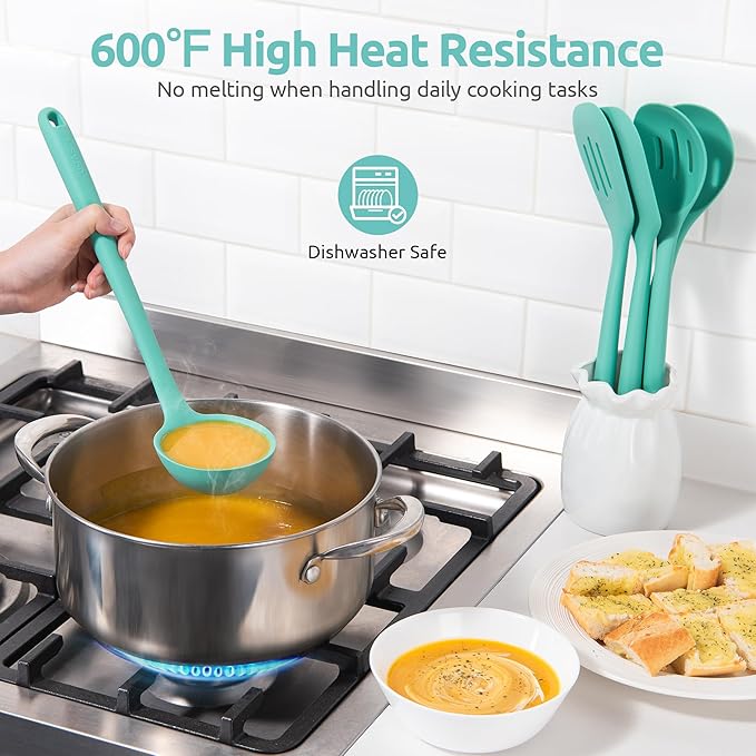 18/8 Stainless Steel Measuring Spoons Set for Dry and Liquid Ingredients (Set of 6), and 600℉ Heat Proof BPA-Free Solid/Slotted Sturdy Cooking Utensil Set of 5 for Non Stick Cookware, Aqua Sky