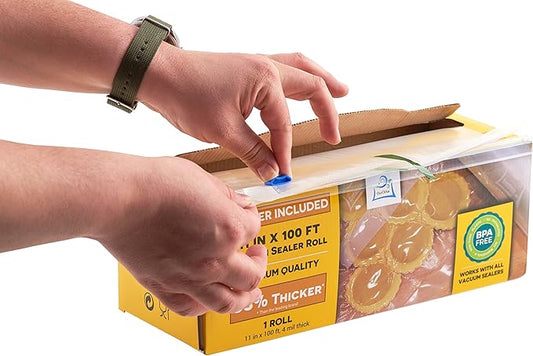 Vacuum Sealer Roll & Bag Cutter (8" x 100') 4 mil 100 Foot Embossed Bags by OutOfAir 33% Thicker, BPA Free, Sous Vide, Commercial Grade, Works with All Machines