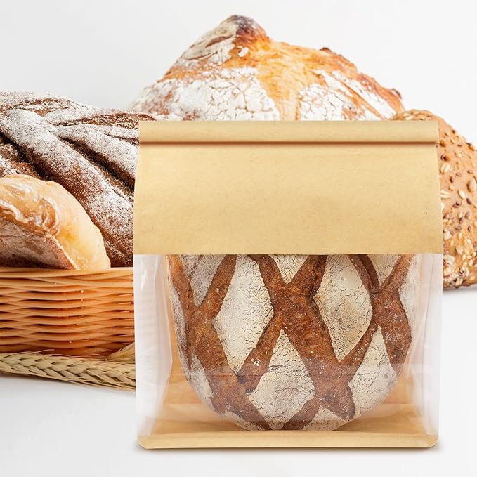 100 Pack Bread Bags for Homemade Sourdough Bread, 8.7x4.3x11 Inches Tin Tie Tab Lock Large Bakery Bag with Window Kraft Paper Packaging Bags for Gifting & Bake Sale
