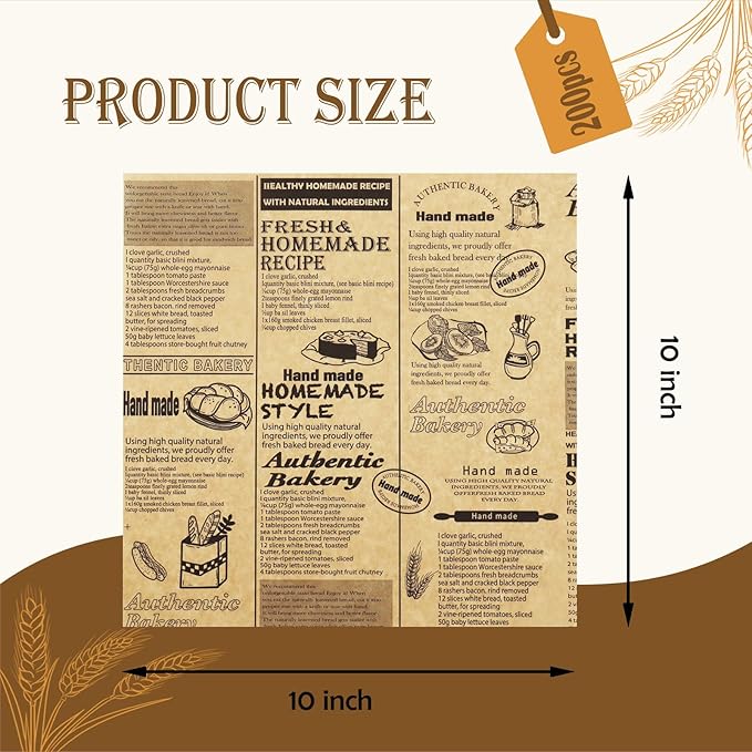 OTOPETE 200Pcs Food Paper Sheets, 10"x10" Grease Resistant Food Wrapper Paper，Newspaper Theme Hamburger Sandwich Basket Liner, Tray Liner, for Home Kitchen Baking, Picnic, Party, Kraft Paper