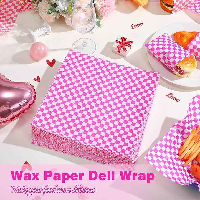 Spakon 1000 Sheets Wax Deli Paper Sheets for Food 12 x 12 Inch Checkered Dry Waxed Deli Basket Liners for Sandwich Wrapping, Food Basket Liners, Picnic party (Hot Pink-white)