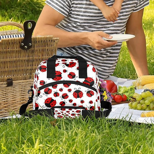 Pardick Red Ladybug Insulated Lunch Bag Cute Animal Lunch Box for Women Girl with Shoulder Strap Tote Bag Reusable Large Containers Meal Prep for School Work Travel Picnic Thermal Cooler Bag