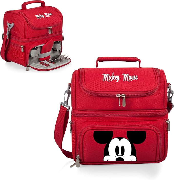 PICNIC TIME Disney Mickey Mouse Pranzo Lunch Bag, Insulated Lunch Box with Picnic Set, Lunch Cooler Bag, (Red)
