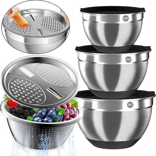 Mixing Bowls with Airtight Lids, Stainless Steel Mixing Bowl Set with 3 Metal Nesting Bowls, Colander & Grater, Non-Slip Bottoms, Size 1.5, 2.5, 6 QT, Great for Mixing & Serving, Black