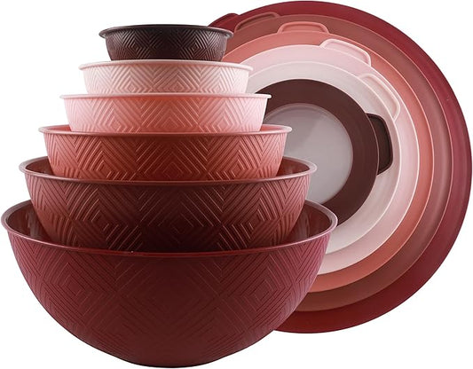 COOK WITH COLOR Mixing Bowls with Lids - 12 Piece Plastic Nesting Bowls Set includes 6 Prep Bowls and 6 Lids, Non Slip Bottom and Rhombus Design - Microwave Safe (Rose)