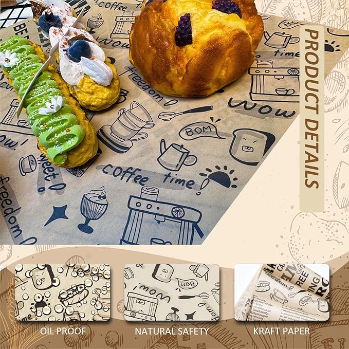 OTOPETE 200Pcs Grease Resistant Food Paper Sheets, 10"x10" Kraft Paper, Coffee Theme Hamburger Sandwich Basket Liner, Tray Liner, for Home Kitchen Baking, Picnic, Party
