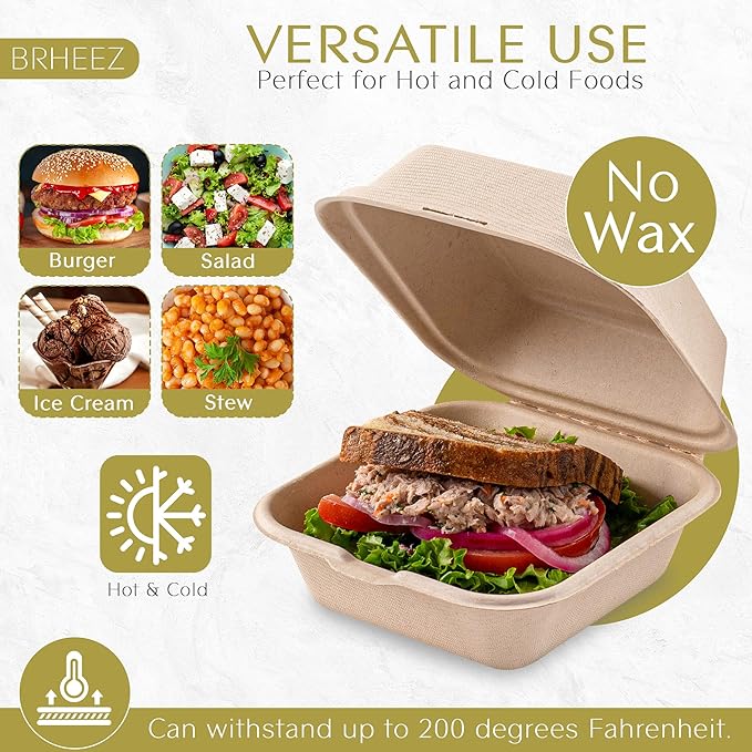 brheez Disposable Clamshell To-Go Containers – Bagasse Fiber Biodegradable Containers with Lids for Takeout, Parties, & Holidays – Pack of 50 Chemical-Free, 1-Compartment Boxes, 6"x6", Natural